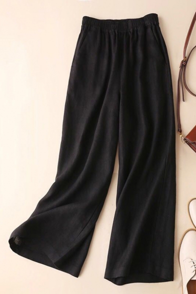 Womens Pants Fashionable Plain Elastic Waist Loose Fitted 7/8 Length Wide Leg Pants