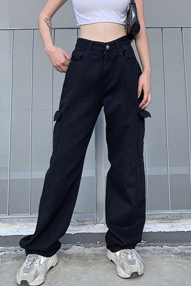 Womens Pants Unique Flap Pockets High Rise Zipper Fly Full Length Loose Fit Straight Relaxed Pants