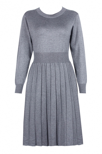 Womens Popular Solid Color Long Sleeve Crew Neck Knitted Midi A-line Pleated Sweater Dress