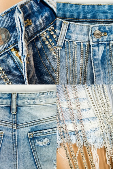 Womens Shorts Blue Trendy Faded Wash Distressed Rhinestone Chain Fringe Frayed Hem Zipper Fly Wide Leg Regular Fitted Denim Shorts