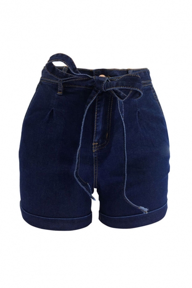 Womens Shorts Simple Dark Wash Rolled Cuffs Mention Hip Stretch Bow-Knot Waist Slim Fitted Zipper Fly Denim Shorts