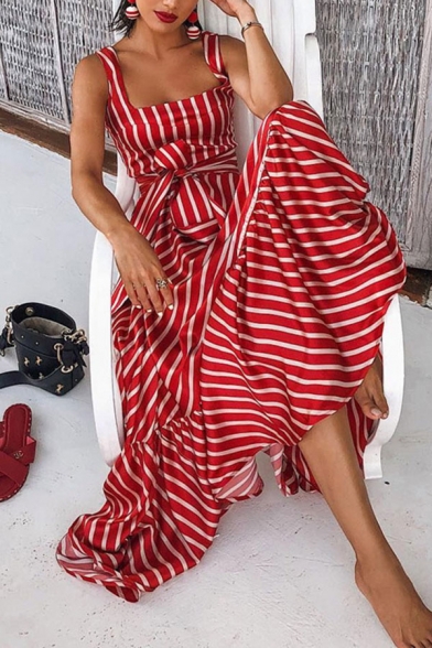 Womens Summer Trendy Striped Printed Bow-Tied Waist Maxi Swing Cami Dress in Red
