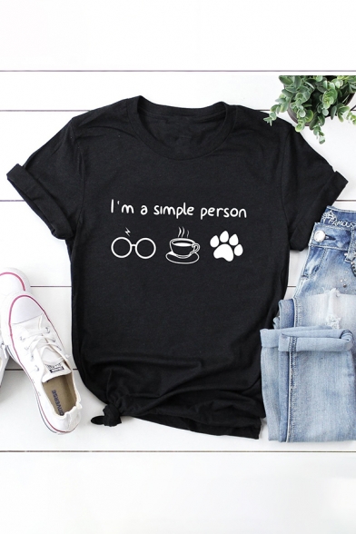 Womens Tee Top Creative Glasses Cup Footprint Letter I'm a Simple Person Printed Round Neck Loose Fitted Short Sleeve Tee Top