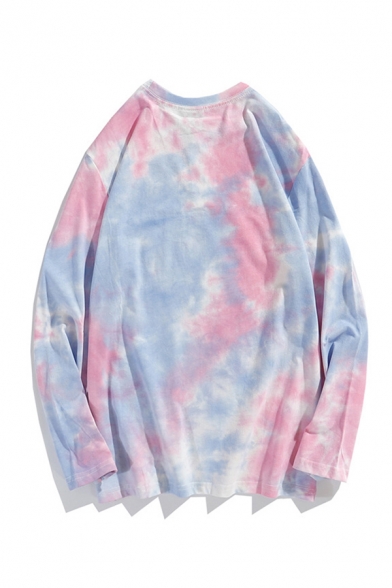 Basic Mens T-Shirt Tie Dye Cotton Loose Fitted Long Sleeve Round Neck T-Shirt