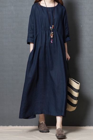 Basic Womens Linen and Cotton Plain Long Sleeve Round Neck Long Oversize Dress