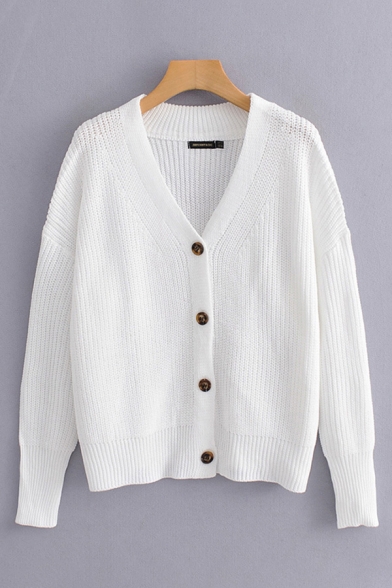 

Basic Womens Solid Color Long Sleeve V-neck Button Up Knit Relaxed Fit Cardigan in White, LM693054