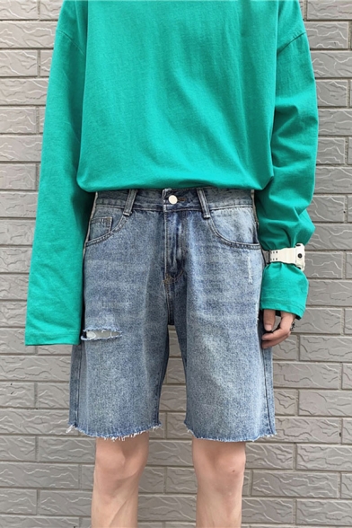 Blue Popular Ripped High Waist Relaxed Fit Straight Denim Shorts for Men