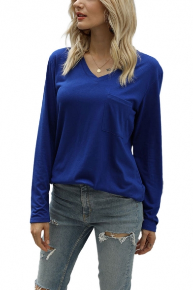 Casual Ladies Solid Color Long Sleeve V-neck Relaxed Fit T Shirt in Blue