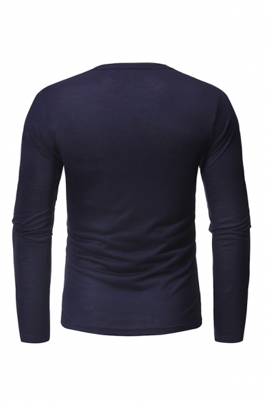 Casual Polo Shirt Plain Patched Detail Crew Neck Long Sleeve Button Slim Polo Shirt for Men