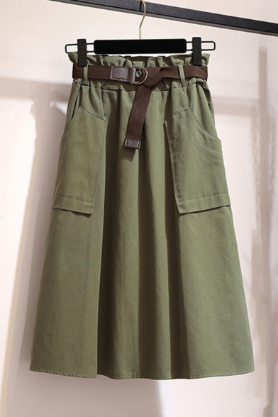 Casual Skirt Plain Pocket Pleated Belted Paperbag Waist High Rise Elastic Midi A-Line Skirt for Girls