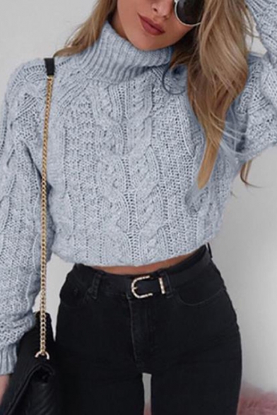 Chic Grey Long Sleeve Turtleneck Cable Printed Knit Pullover Sweater for Ladies