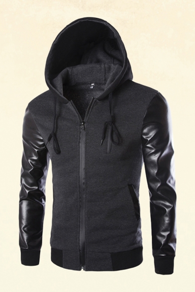 Chic Mens Jacket Patchwork Drawstring Zipper Detail Slim Fitted Long Sleeve Hooded Leather Jacket