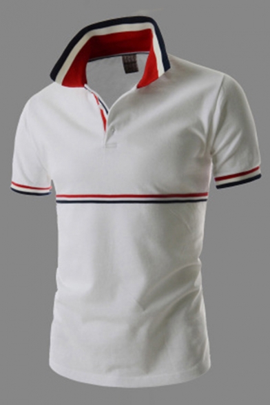 Chic Polo Shirt Horizontal Stripe Print Contrast Trim Spread Collar Short-sleeved Button Detail Slim Polo Shirt for Men