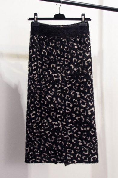 Chic Skirt Leopard Skin Pattern Split High Waist Elastic Midi A-Line Knit Skirt for Women