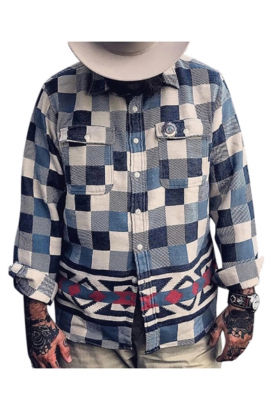Classic Mens Jacket Plaid Rhombus Pattern Flap Chest Pockets Button up Turn-down Collar Long Sleeve Regular Fit Shirt Jacket