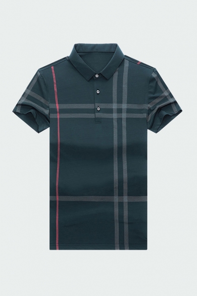 Classic Mens Polo Shirt Plaid Pattern Turn-down Collar Button Detail Short Sleeve Regular Fit Polo Shirt