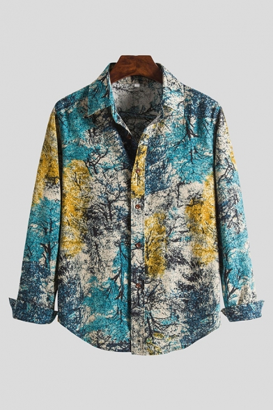 Classic Mens Shirt Multicolored Tree Painting Curved Hem Button-down Long Sleeve Spread Collar Loose Fit Shirt