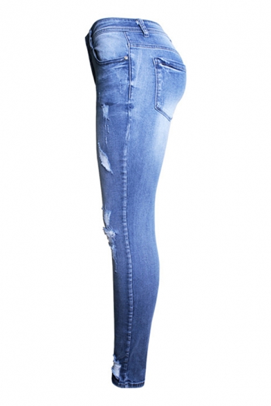 Classic Womens Blue Jeans Medium Wash Distressed Zipper Fly Ankle Length Slim Fit Tapered Jeans