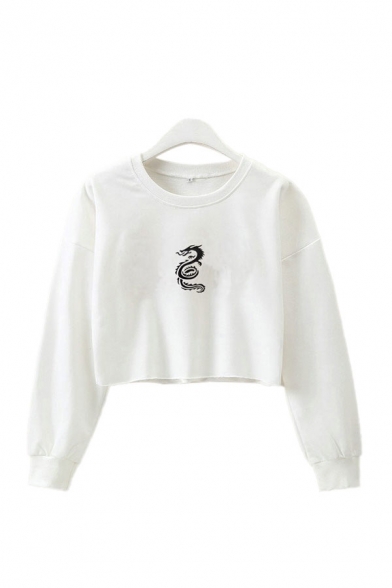Cool Girls Dragon Printed Long Sleeve Crew Neck Relaxed Crop Pullover Sweatshirt in White