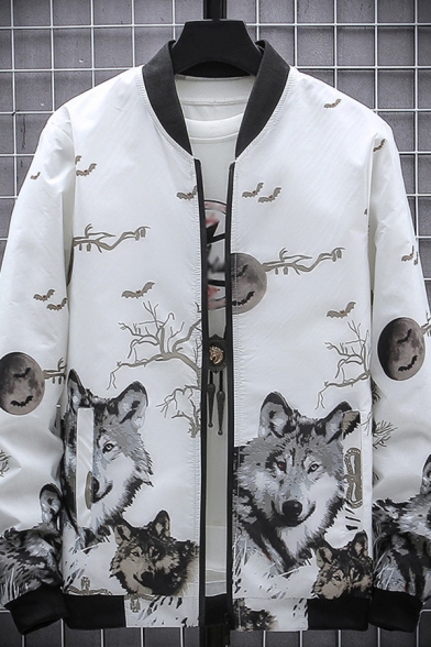 Cool Mens Jacket Wolf Bat Branch Printed Zipper down Stand Collar Long Sleeve Regular Fit Varsity Jacket