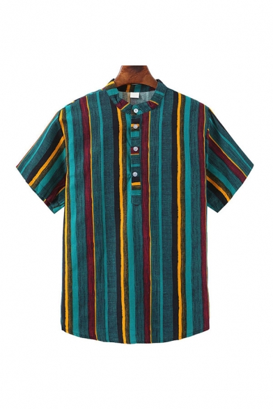 Cool Mens Shirt Vertical Striped Pattern Button Detail Stand Collar Short Sleeve Regular Fit Shirt