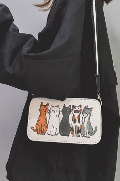 Cute Cartoon Letter Cats Print Striped Strap White Crossbody Shoulder Bag 21*6*12 CM