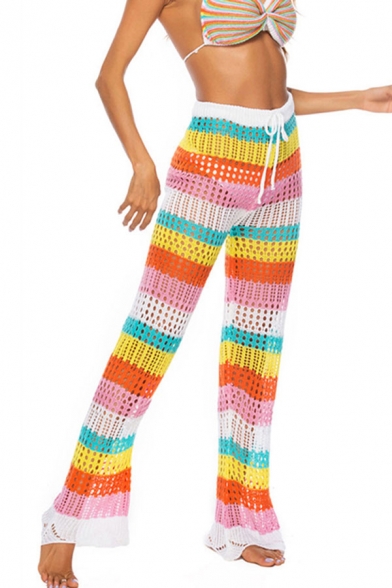 Dainty Trousers Rainbow Stripe Print High Waist Drawstring Waist Cut-out Long Length Knit Wide-leg Trousers for Women