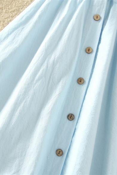 Fancy Skirt Plain Button Drawstring High Waist Pleated Elastic Midi A-Line Skirt for Ladies