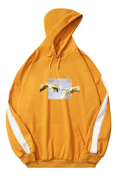 Fashion Hand Cloud Printed Tape Drawstring Kangaroo Pocket Long Sleeve Loose Fit Hooded Sweatshirt
