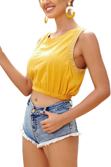 Fashionable Womens Stripe Printed Sleeveless Round Neck Relaxed Cropped Tank Top in Yellow