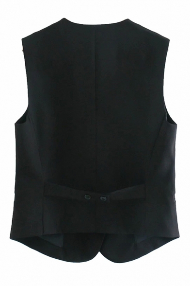 Formal Womens Black Sleeveless V-neck Button Up Relaxed Fit Vest