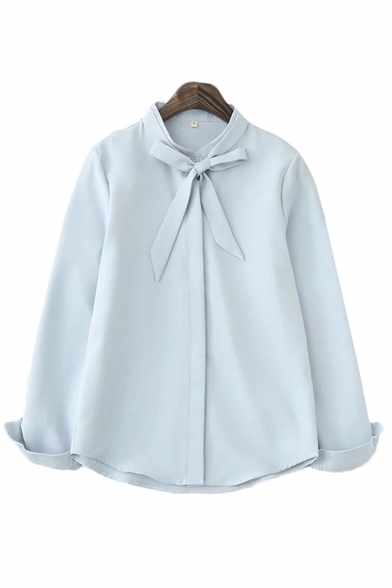 Formal Womens Solid Color Long Sleeve Bow Tied Neck Button Up Relaxed Fit Shirt Top