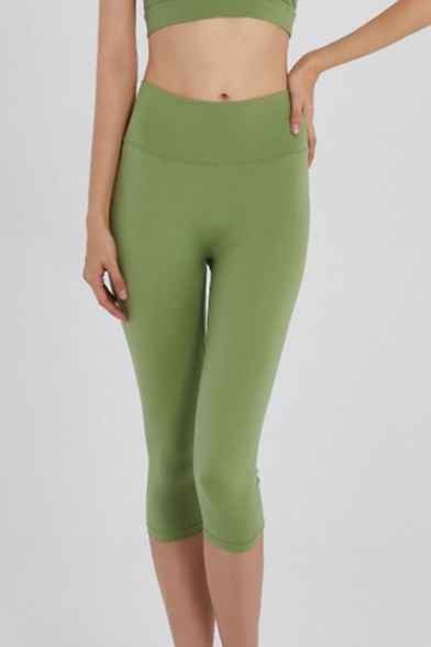 Gym Girls Quick Dry High Waist Solid Color Skinny Cropped Pants in Green