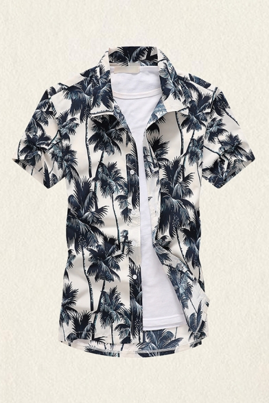 Leisure Mens Shirt Coconut Tree Pattern Button down Short Sleeve Turn down Collar Regular Fitted Shirt