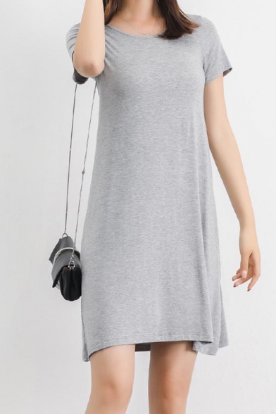 Leisure Round Neck Short Sleeve Plain Mini Asymmetric Dress