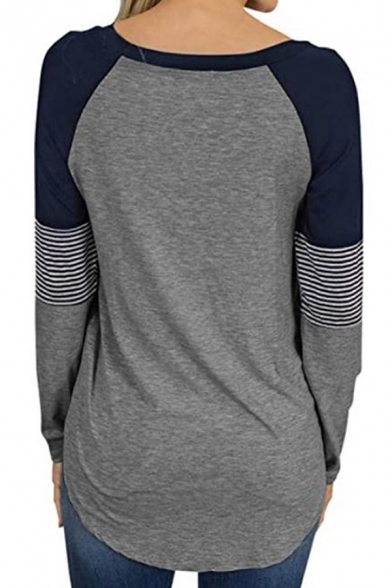 Leisure Womens Striped Color Block Curved Hem Crew Neck Long Sleeve Relaxed Fit Tee Top
