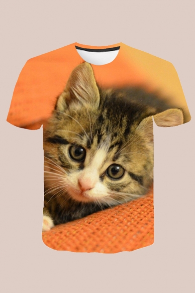 Mens Chic 3D T-Shirt Animal Cat Head Pattern Round Neck Regular Fitted Short Sleeve Tee Top