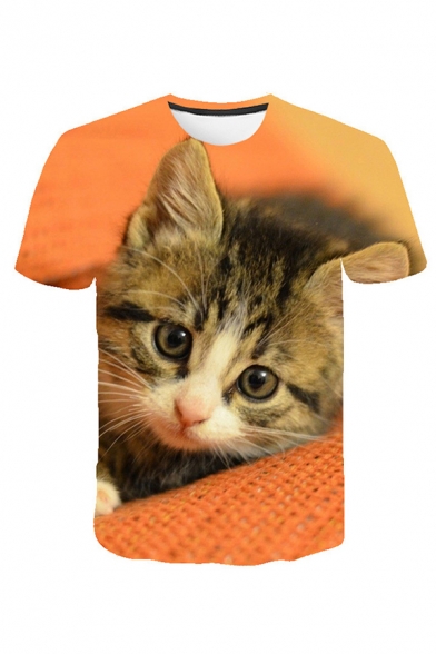 Mens Chic 3D T-Shirt Animal Cat Head Pattern Round Neck Regular Fitted Short Sleeve Tee Top