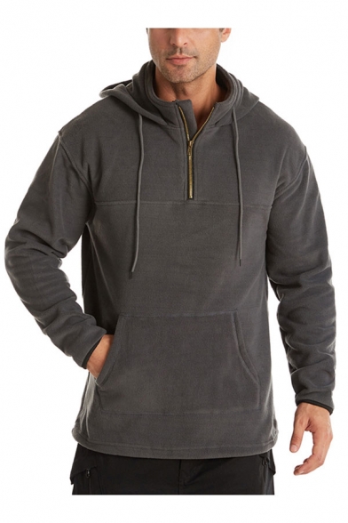 Mens Fashion Hoodie Solid Color Drawstring Kangaroo Pocket 1/4 Zip Long-sleeved Regular Fit Hoodie