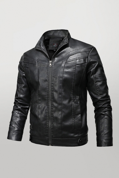 Mens Jacket Fashionable Panel Zipper down Turn-down Collar Long Sleeve Regular Fit Leather Jacket