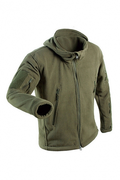Mens Jacket Stylish Patched Polar Fleece Zipper Embellished Long Sleeve Slim Fitted Hooded Casual Jacket