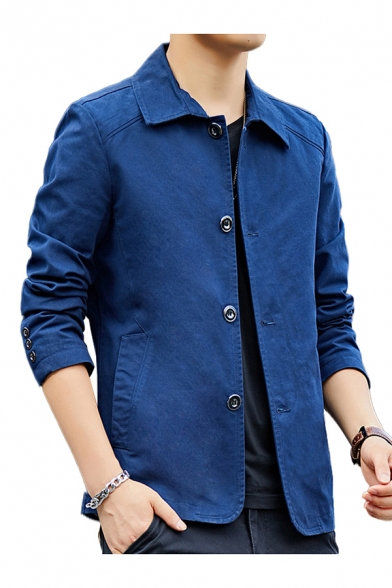 Mens Jacket Trendy Solid Color Panel Button-down Long Sleeve Turn-down Collar Slim Fitted Shirt Jacket