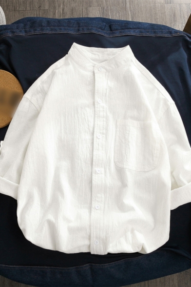 Mens Shirt Simple Plain Cotton Linen Curved Hem Stand Collar Button Detail Relaxed Fit 3/4 Sleeve Shirt