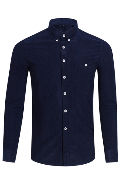 Mens Shirt Trendy Solid Color Chest Pocket Long Sleeve Button down Collar Slim Fitted Shirt