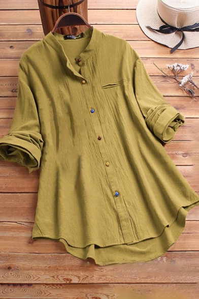 New Stylish Plain Printed Round Neck Long Sleeve Button Down Casual Loose Linen Longline Shirt