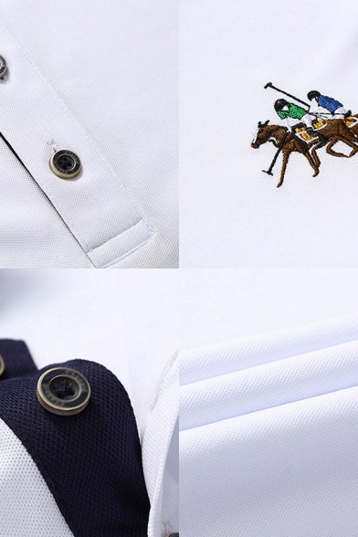 Retro Mens Polo Shirt Figure Horse Pattern Contrast Stripe Trim Button Detail Short Sleeve Turn-down Collar Regular Fit Polo Shirt