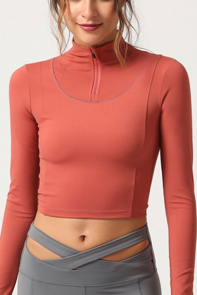 Sexy Womens Solid Color Long Sleeve Zip Up Slim Fitted T Shirt