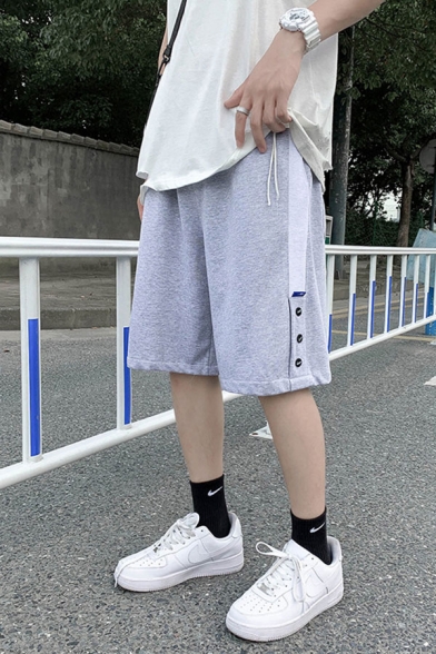 Street Boys Solid Color Button Detail Drawstring Waist Knee Length Relaxed Fit Shorts