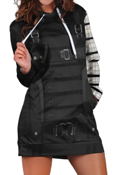 Stylish Striped 3D Print Contrasted Long Sleeve Drawstring Long Regular Fit Hoodie in Black