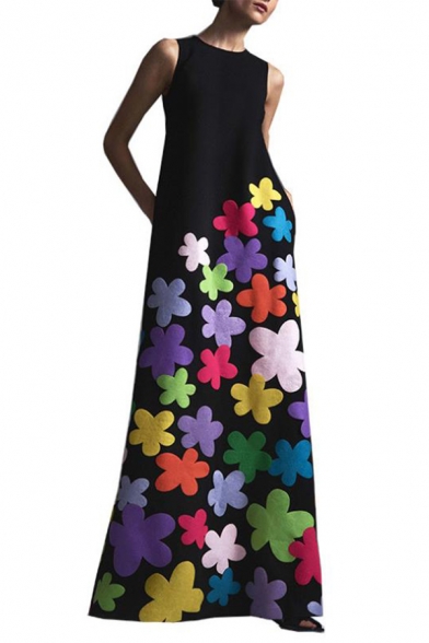 Summer Womens Chic Floral Round Neck Sleeveless Maxi Tank Dress